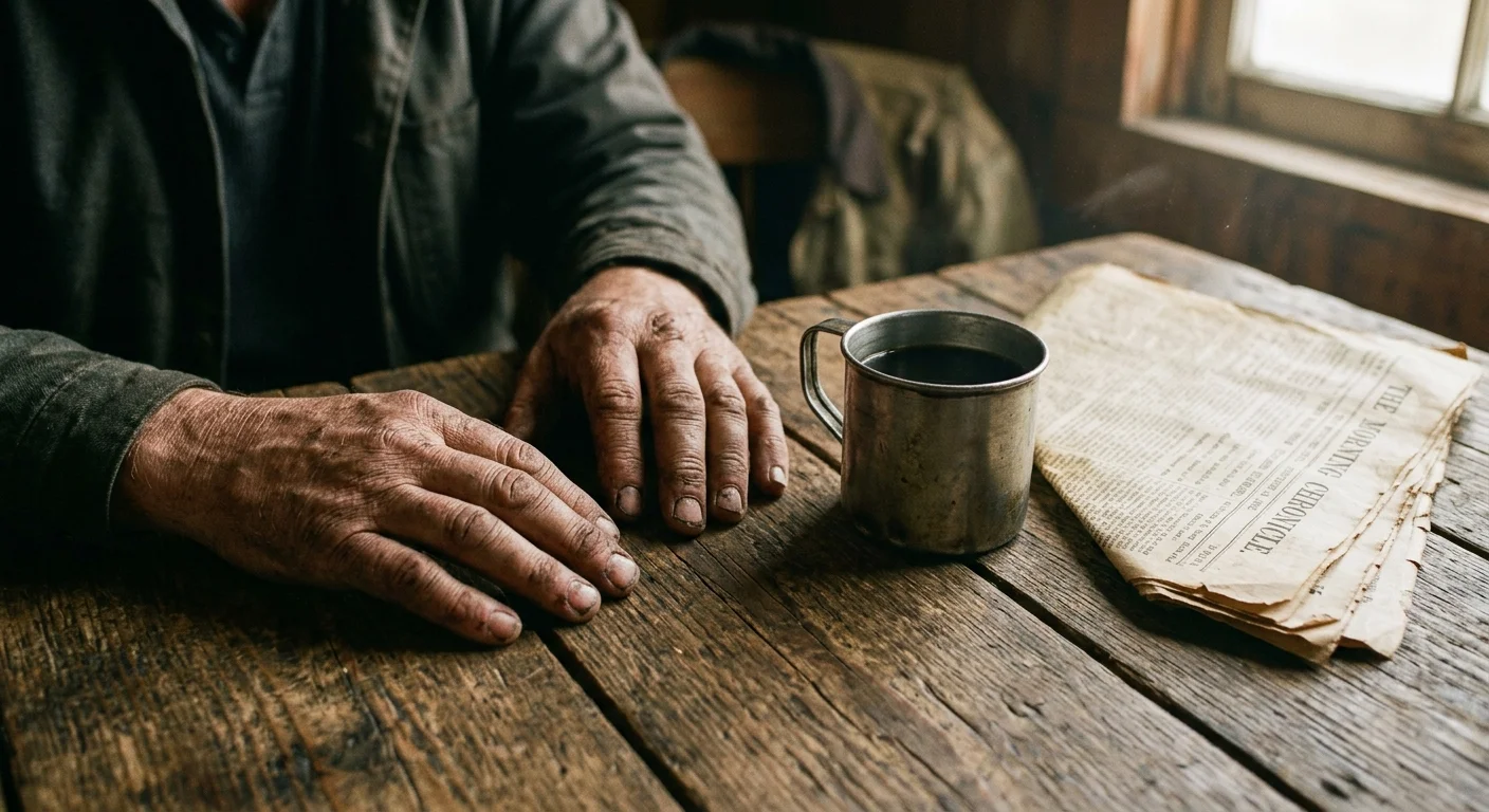 A close-up photograph of calloused hands resting on a rustic wooden table next to a tin cup of coffee and an old newspaper.