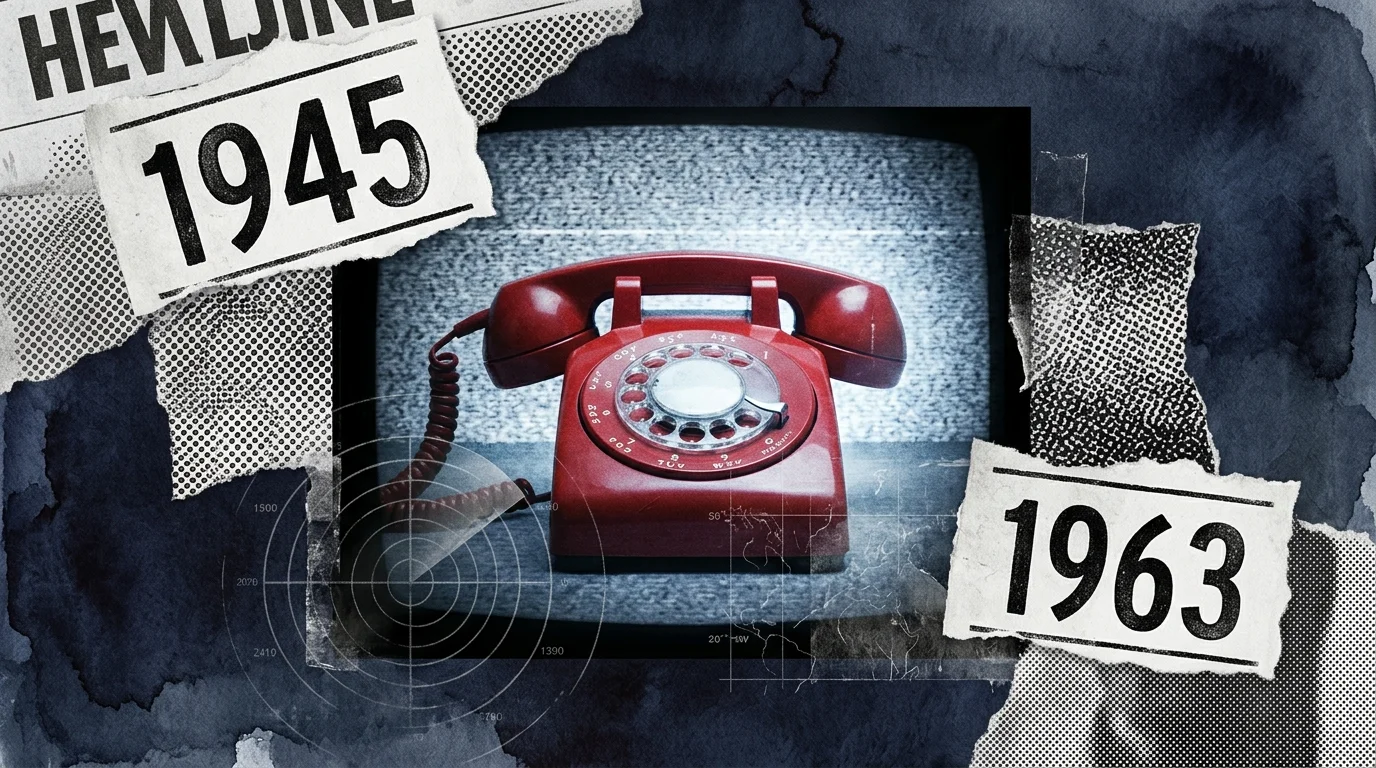 A collage featuring a red rotary telephone, TV static textures, and prominent hand-stamped years 1945 and 1963.