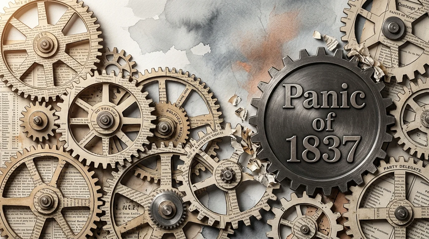 A collage of gears made from 1830s newspapers, with a central gear labeled Panic of 1837 jamming the system.
