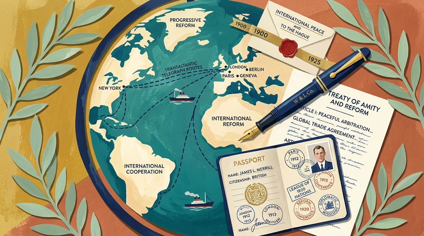 A colorful gouache and paper collage of a globe, a vintage passport, a fountain pen, and olive branches.