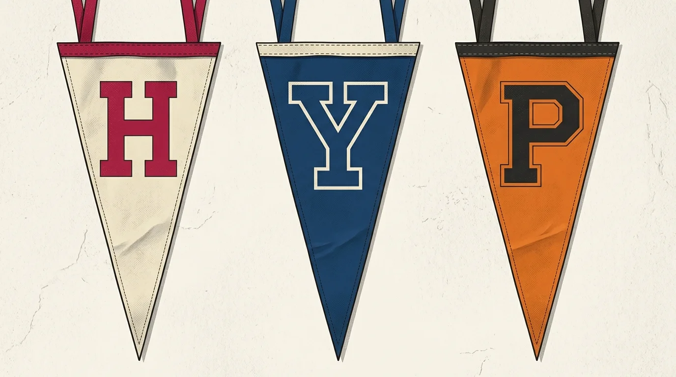 A graphic illustration of three vintage wool collegiate pennants for Harvard, Yale, and Princeton hanging on a textured wall.