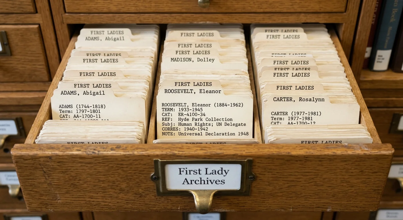 A high-angle diagram of an open card catalog drawer with index cards labeled with the names of historic First Ladies.