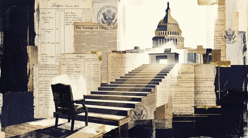 A mixed-media collage depicting a staircase of historical ledger papers leading to a lit desk beneath a silhouette of the Capitol dome.