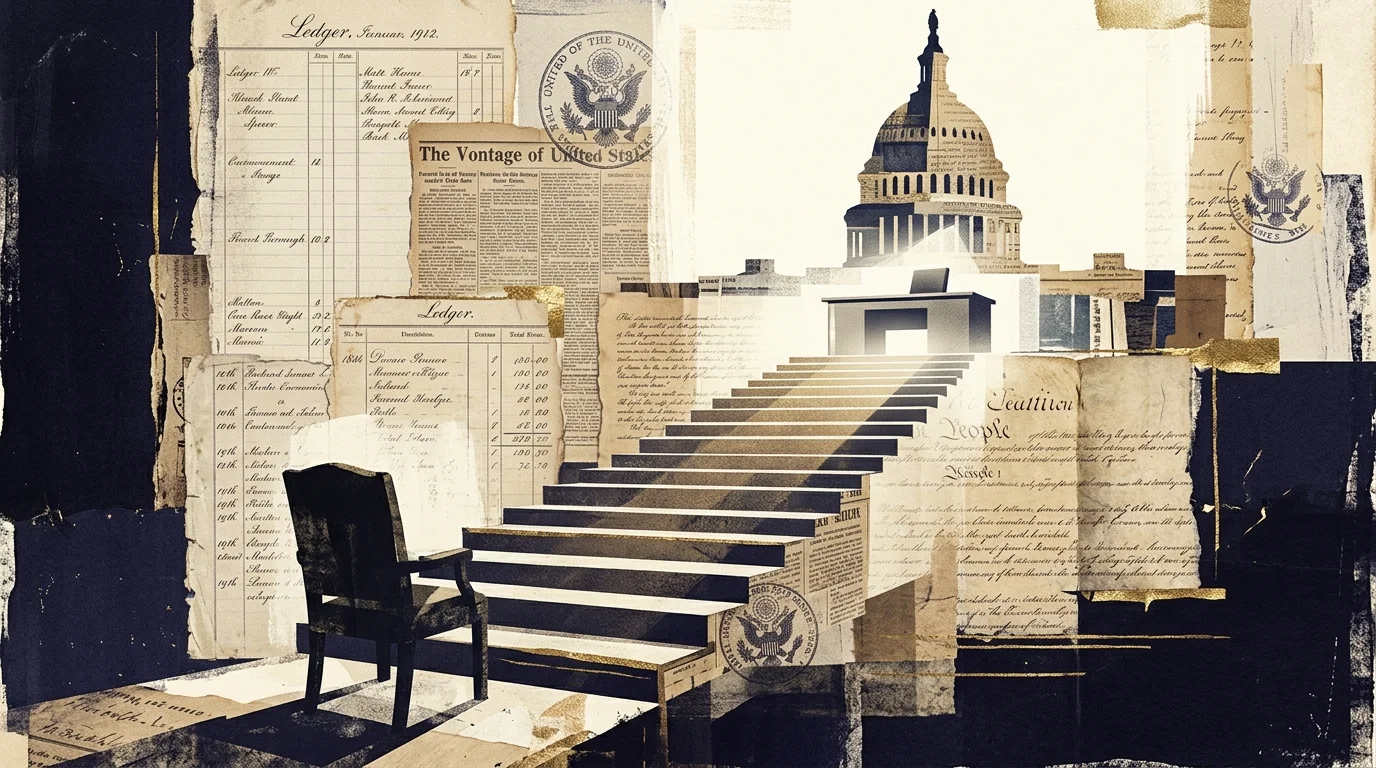 A mixed-media collage depicting a staircase of historical ledger papers leading to a lit desk beneath a silhouette of the Capitol dome.