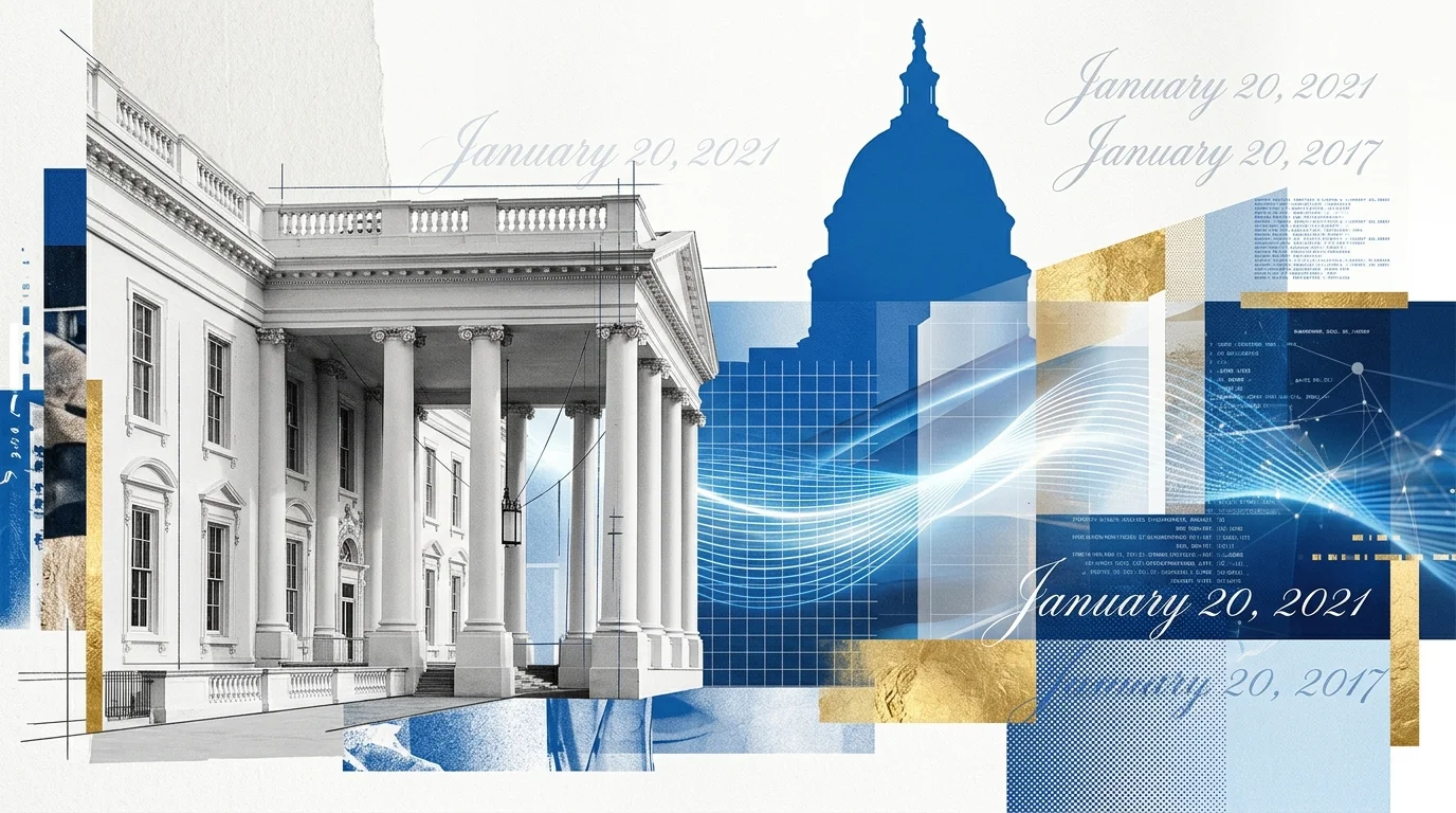 A modern collage combining classical White House architecture with blue and white digital waves and grid lines.