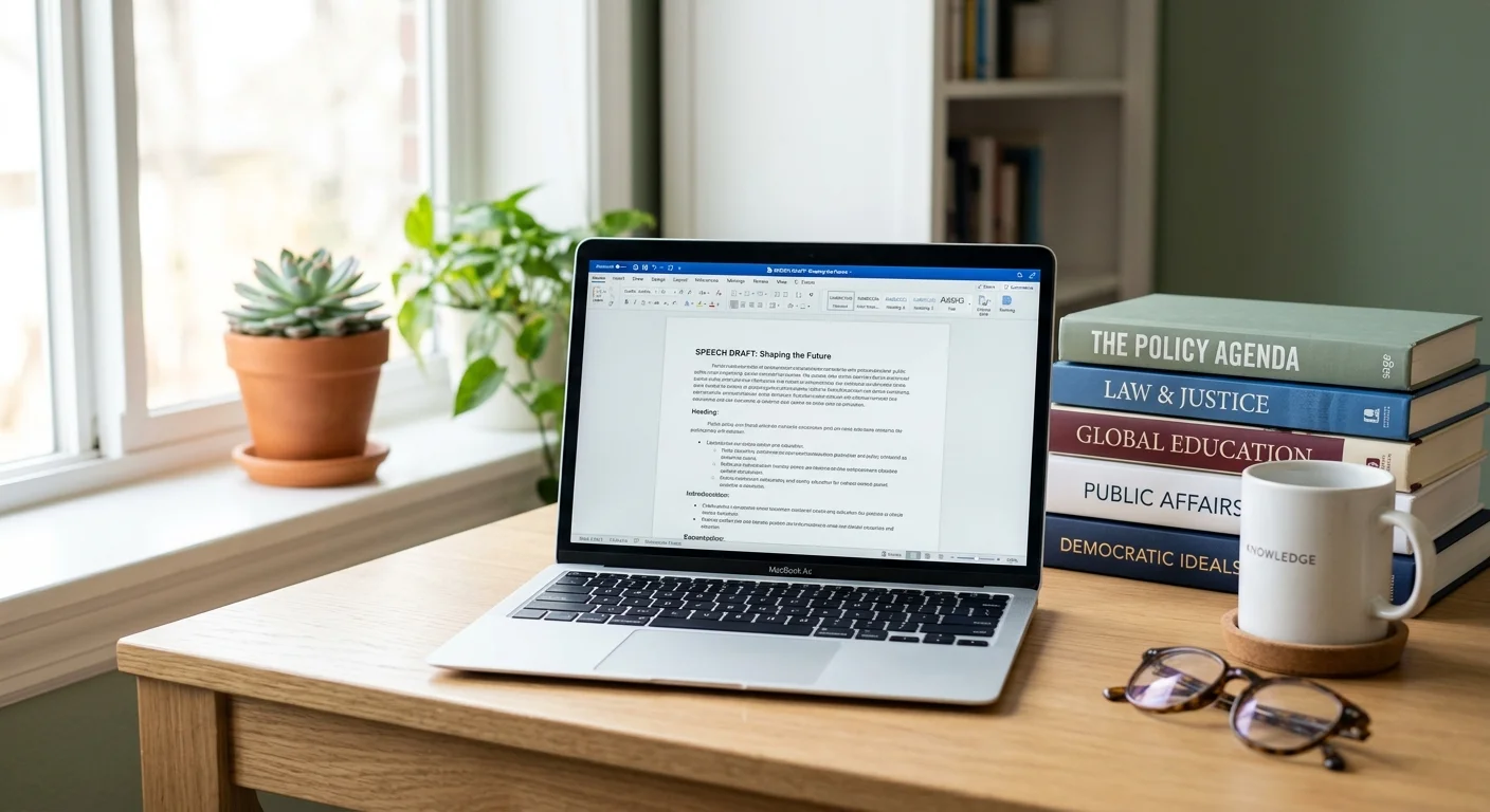 A modern desk setup with an open laptop showing a speech document, surrounded by policy books and reading glasses.