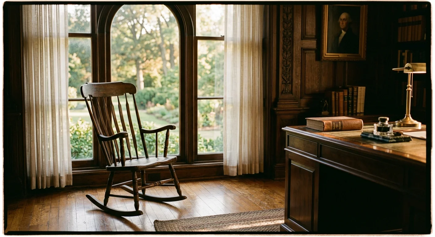 A peaceful film photograph of a wooden rocking chair in a sunlit corner of a historic wood-paneled office.