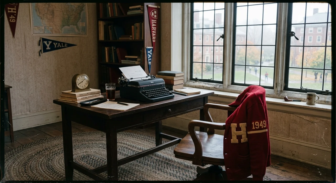 A photograph of a mid-century Harvard dorm room with a typewriter on a wooden desk and a crimson varsity sweater on a chair.