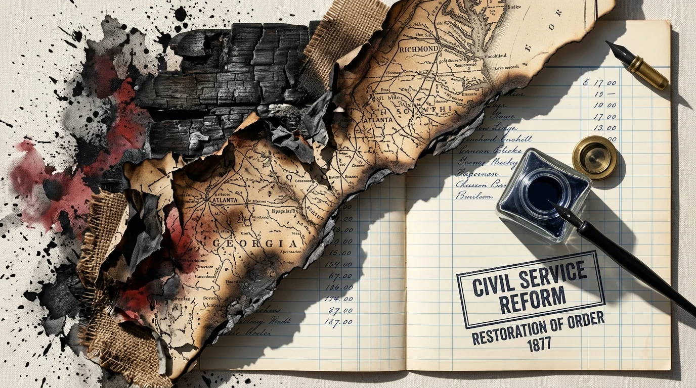A split-screen collage contrasting charred wood and torn maps on the left with clean ledger paper and a Civil Service Reform stamp on the ri