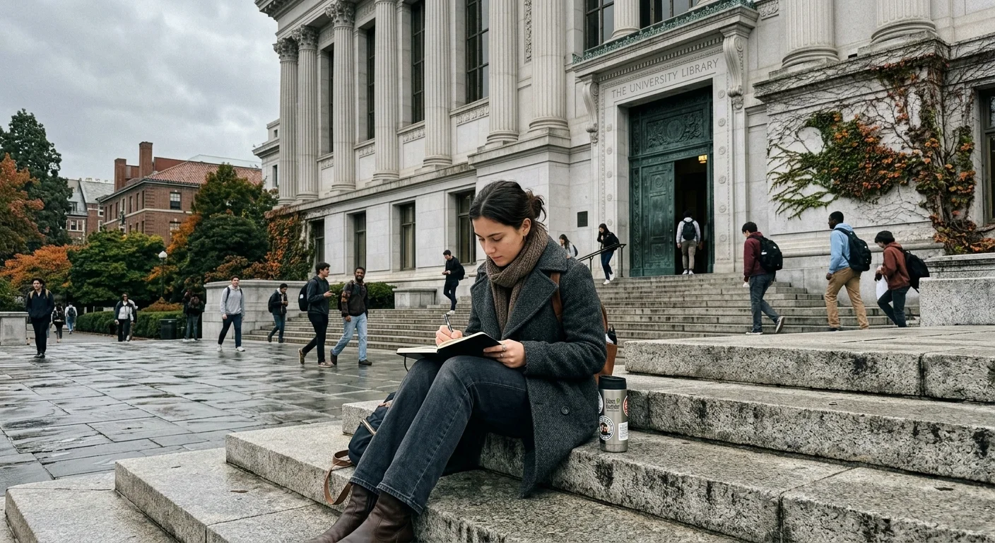 A student in a wool coat sits writing on the grand stone steps of a neoclassical university library under an overcast sky.