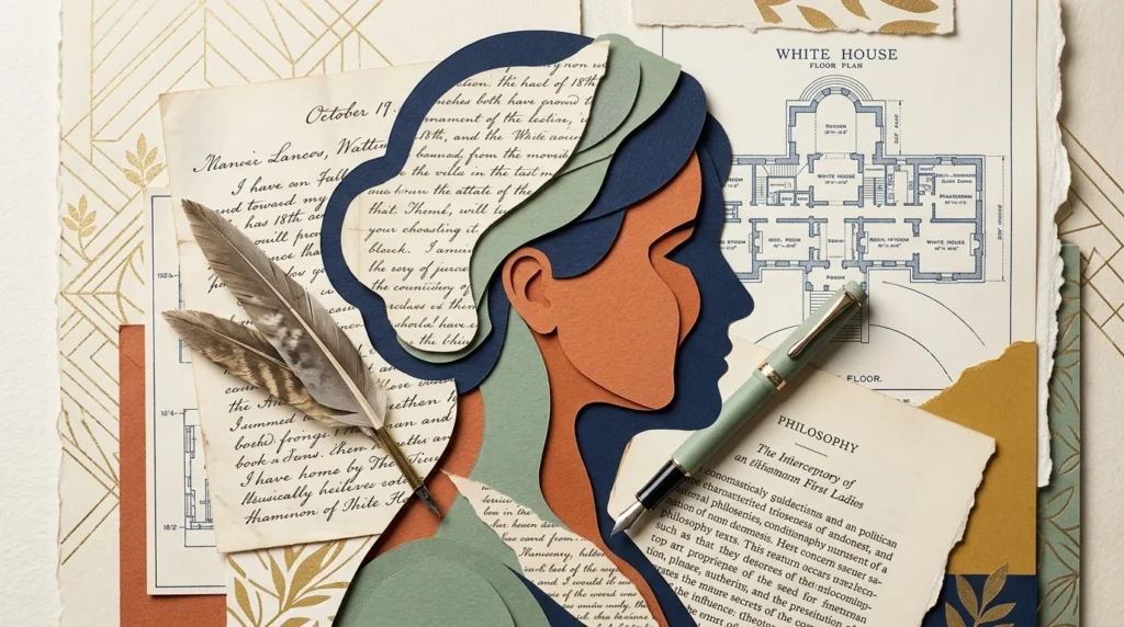 A stylized cut-paper collage showing a woman's silhouette layered with historic letters, book pages, and White House blueprints.