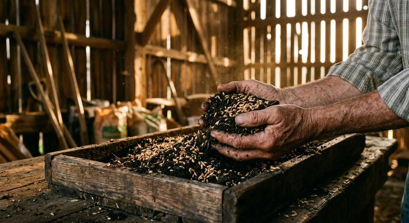 A warm film photograph of hands holding dark soil and wheat seeds in a sun-dappled historic barn.