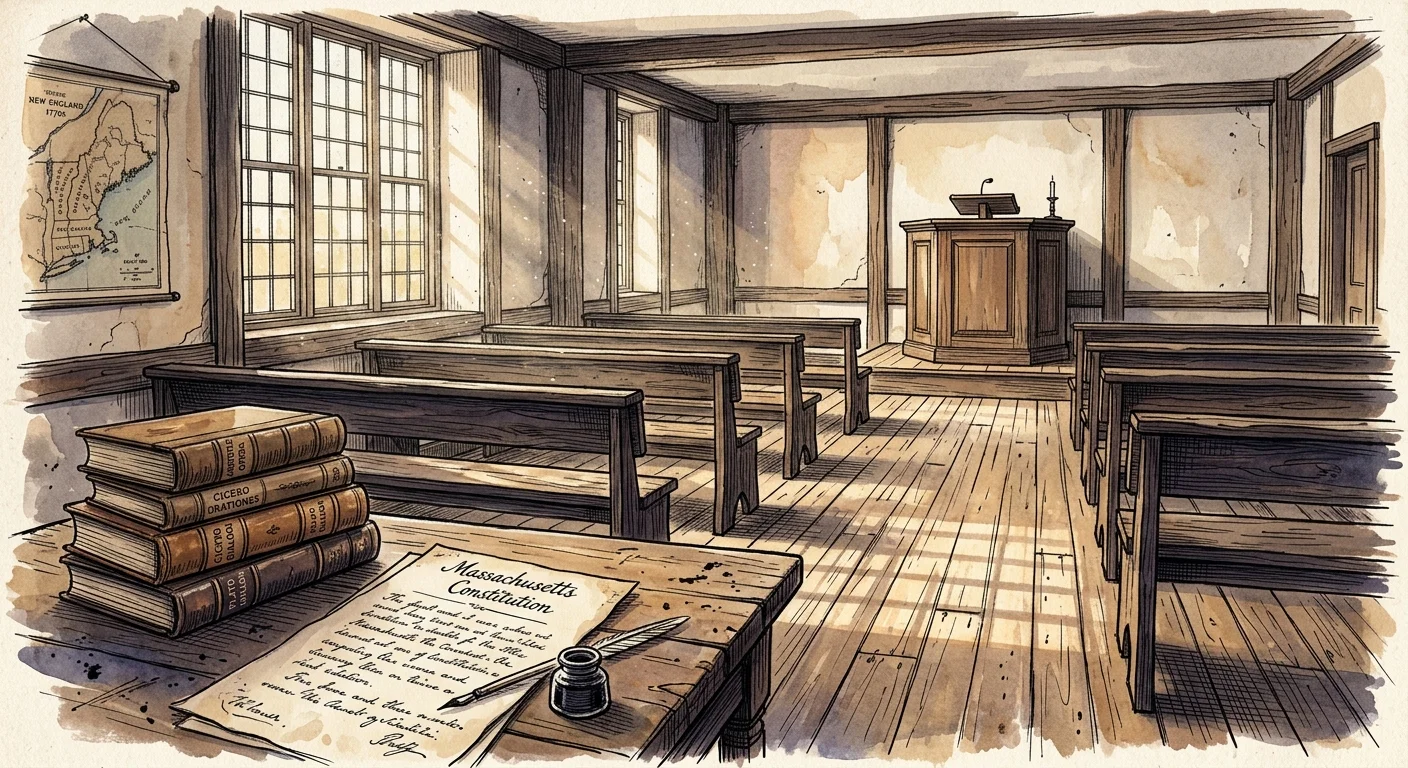 An 18th-century classroom sketch with wooden desks, classical books, and a draft of the Massachusetts Constitution.
