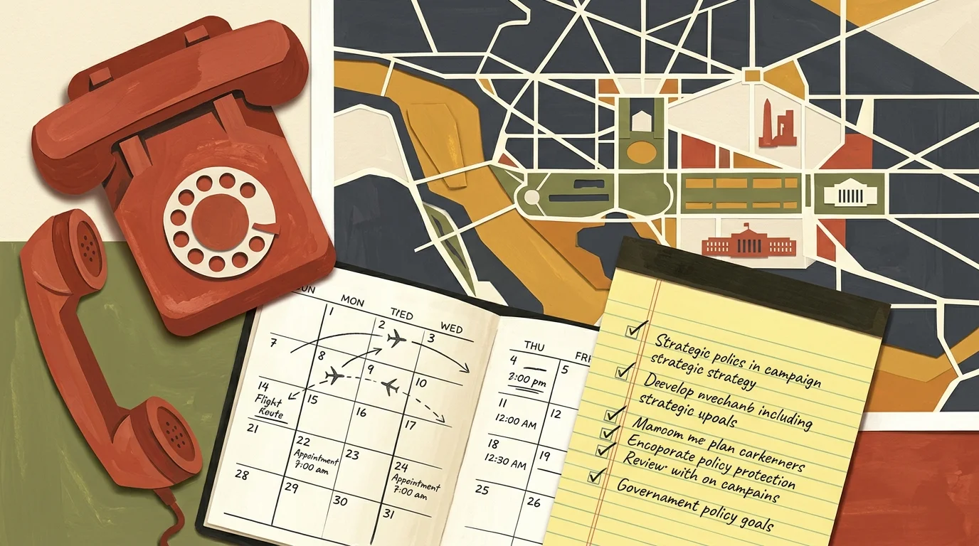 An editorial collage featuring a red rotary phone, an open calendar planner, and a graphic map of Washington D.C.