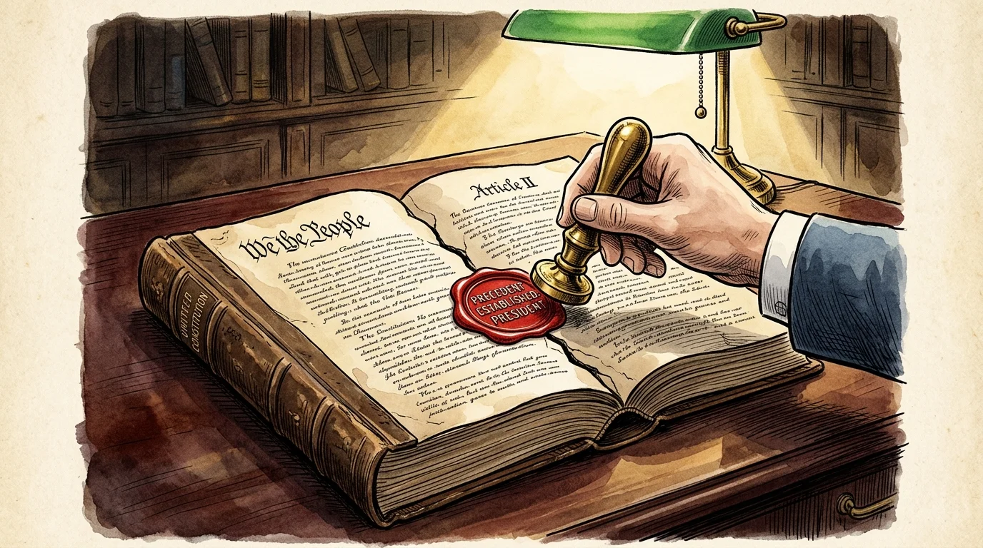 An illustration of a brass stamp pressing a red wax seal labeled Precedent Established over a cracked page of the US Constitution.
