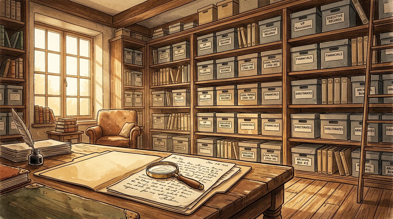 An illustration of a sunlit archive room with document boxes labeled VP Successions and a magnifying glass on old letters.