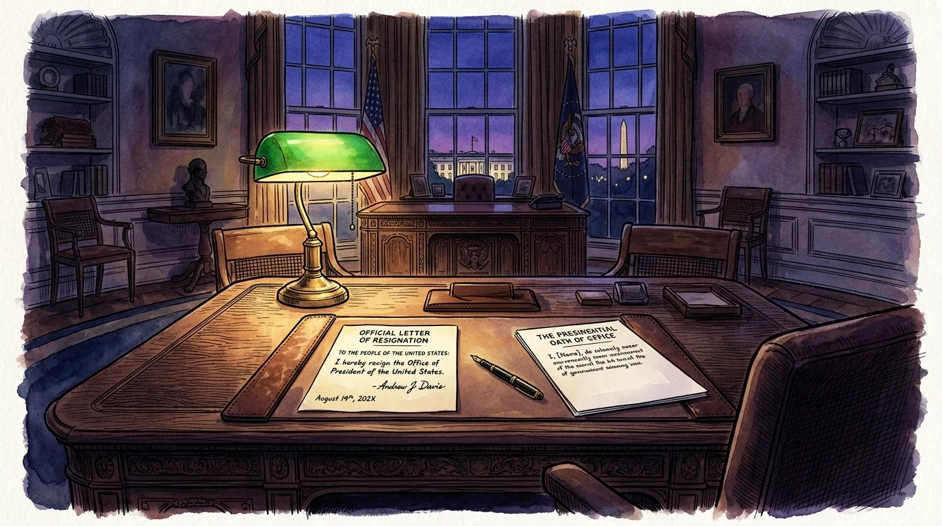 An illustration of an empty Oval Office desk at dusk, showing a signed resignation letter next to a fresh oath of office.