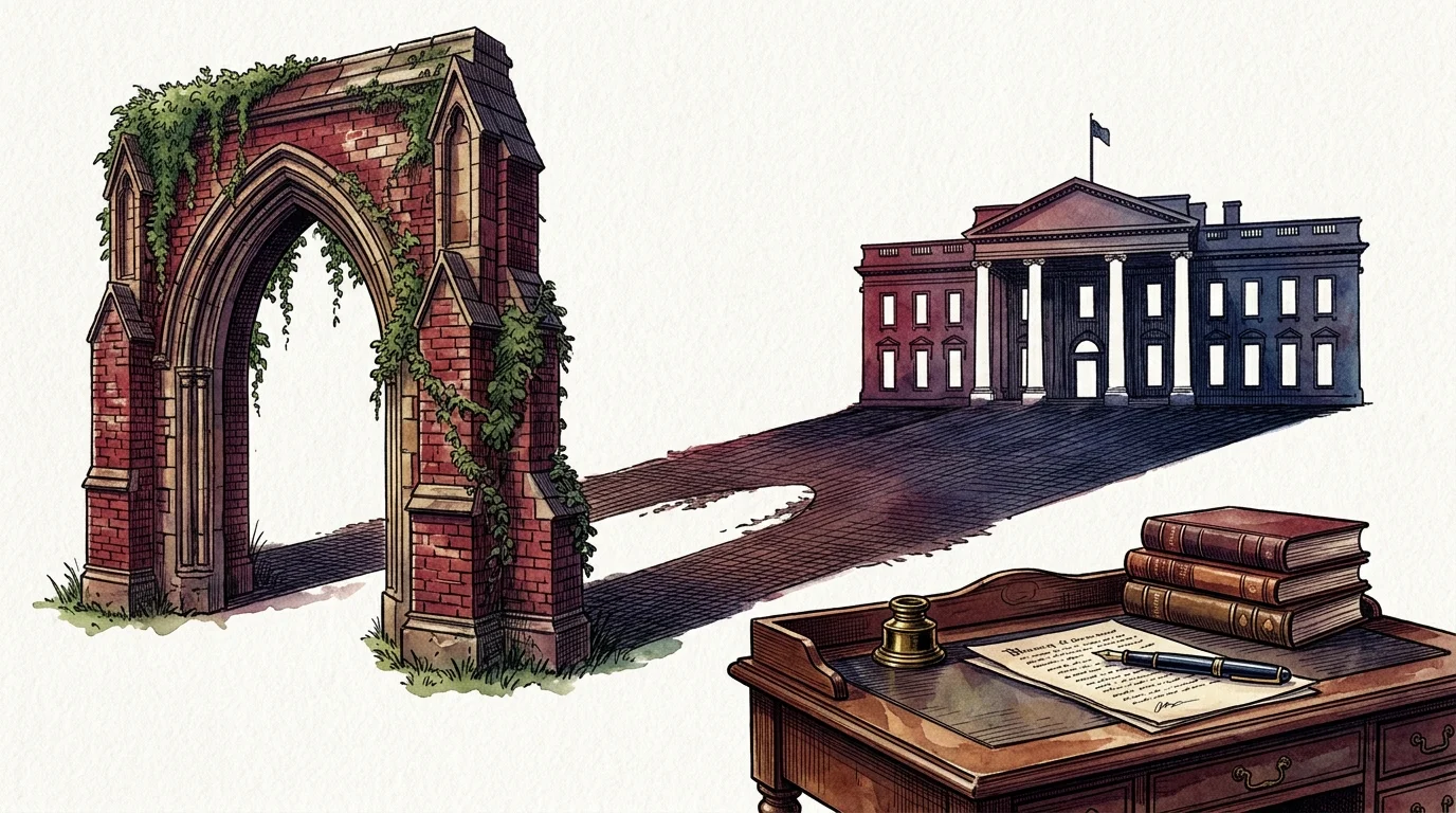 An illustration of an ivy-covered brick archway casting a shadow that transforms into the shape of the White House.