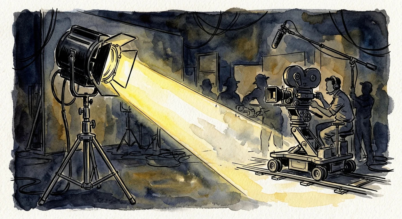 An ink and watercolor drawing of a vintage Hollywood film set spotlight casting a bright beam of light.