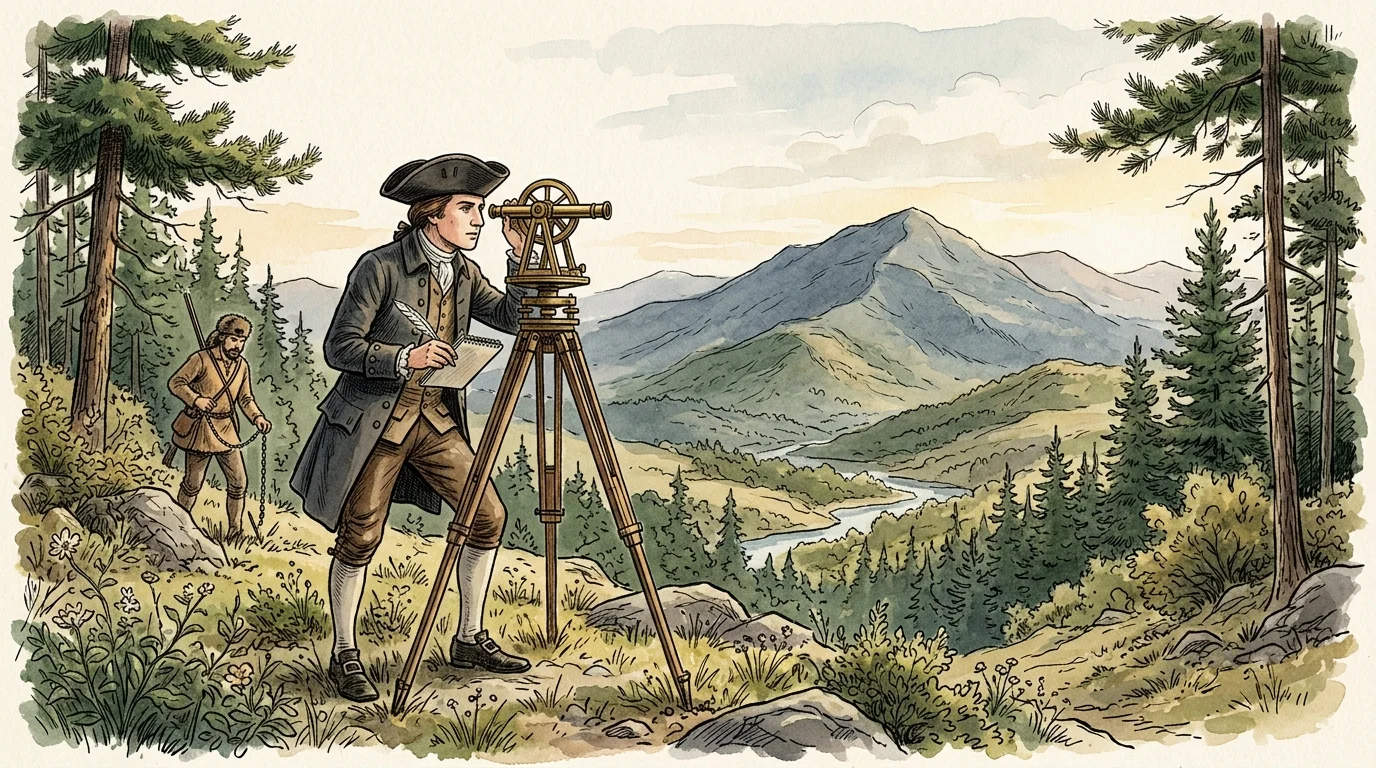 An ink and watercolor drawing of a young surveyor setting up a brass transit in a mountainous wild valley.