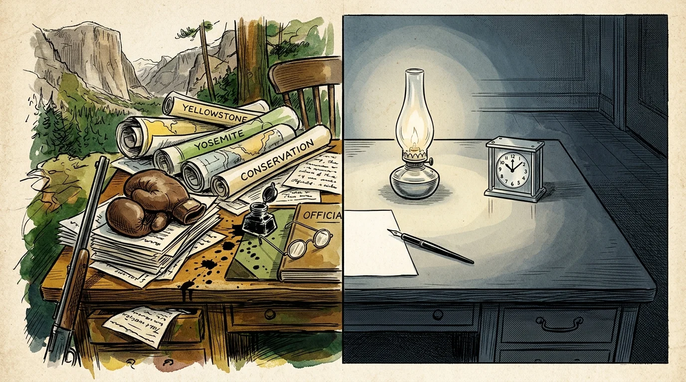 An ink and watercolor illustration comparing a chaotic desk with boxing gloves and maps next to a neat desk with a single lamp and clock.