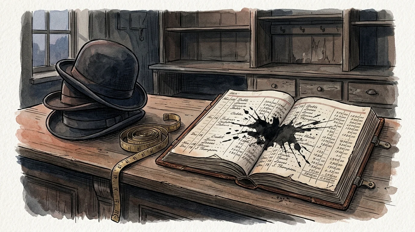 An ink and watercolor illustration of a merchant's ledger with an ink-blot on a store counter next to felt hats.