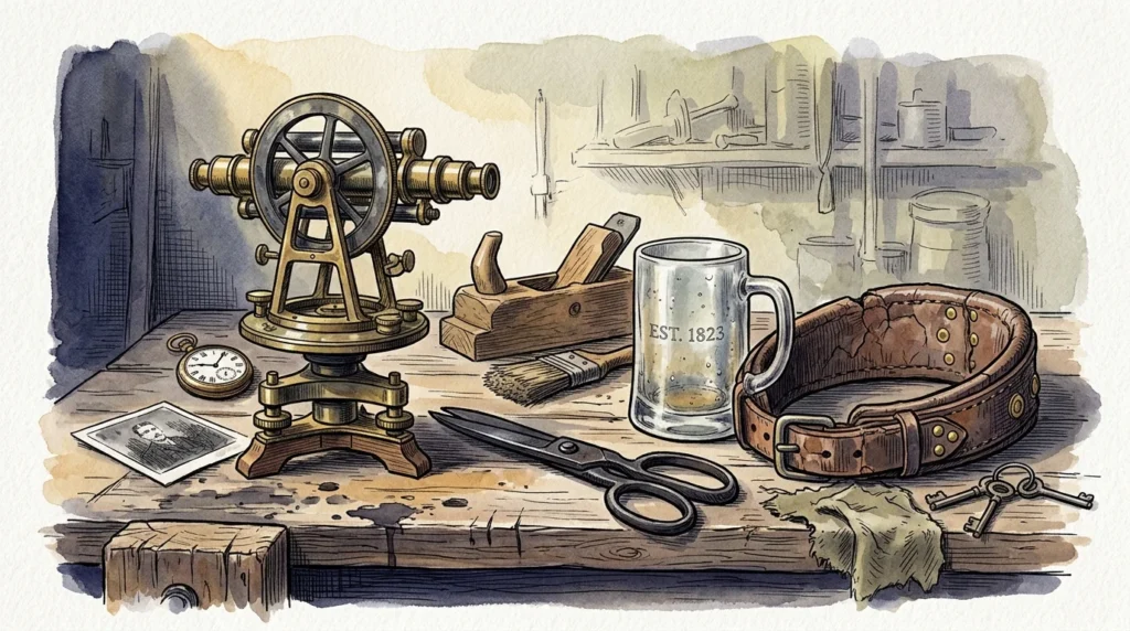 An ink and watercolor illustration of historical work tools, including a surveyor's transit, tailor's shears, and a tavern mug.