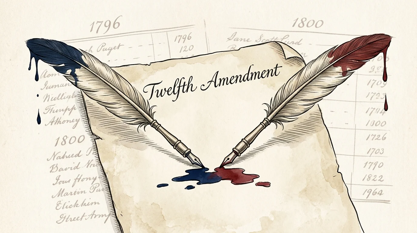 An ink and watercolor illustration of two crossed quills dripping blue and red ink over a document titled Twelfth Amendment.