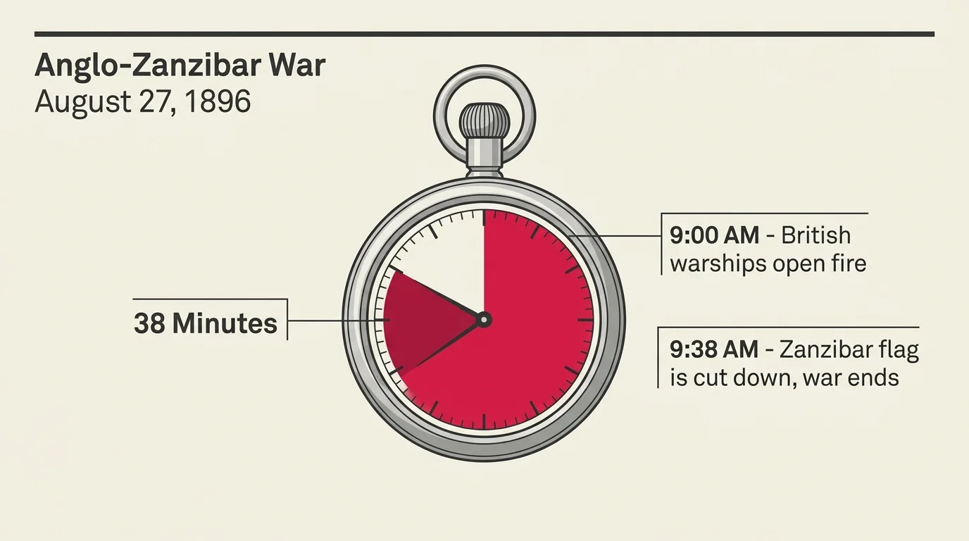 A clean, horizontal infographic showing a pocket watch highlighting the 38-minute duration of the Anglo-Zanzibar War of 1896.