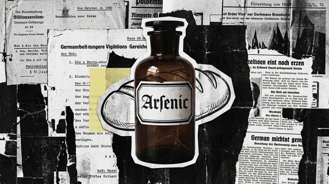 A dark, textured mixed-media collage featuring a vintage apothecary bottle labeled Arsenic over 1940s newspaper clippings.