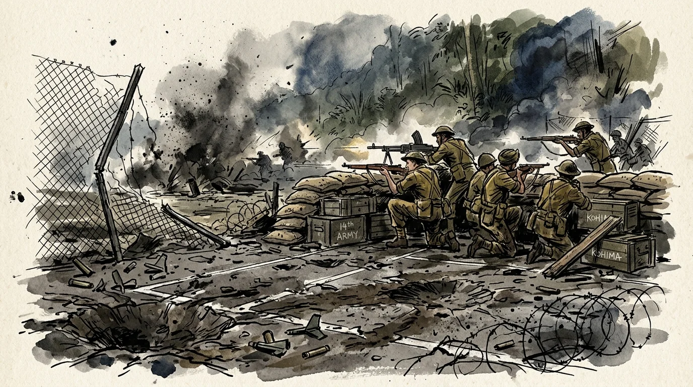 A dramatic watercolor and ink illustration of soldiers fighting amidst sandbags on the ruined Kohima tennis court.