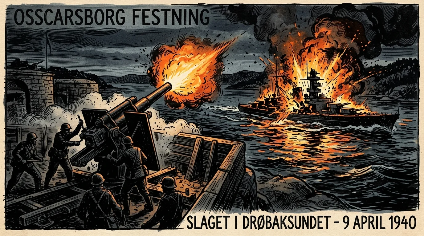 A dramatic woodcut illustration of Oscarsborg Fortress firing upon the burning German heavy cruiser Blücher in Drøbak Sound.