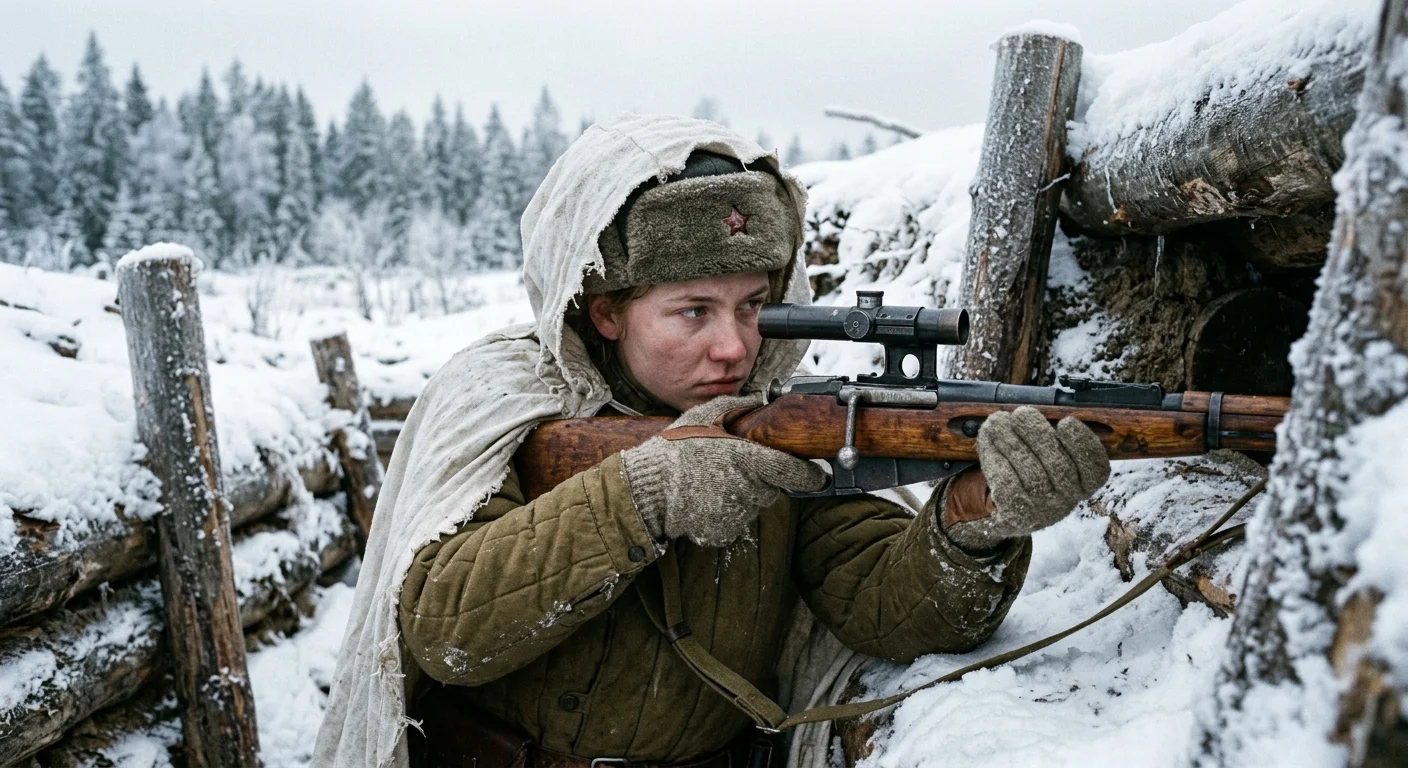 A female Soviet sniper in winter camouflage peers through a trench wall with a scoped Mosin-Nagant rifle in a snowy Eastern Front landscape.