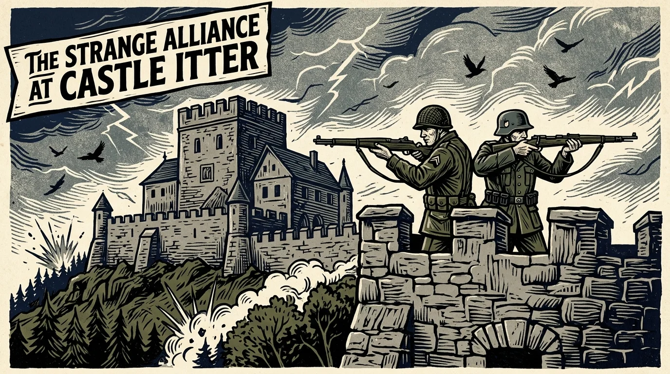 A graphic woodcut illustration of an American and a German soldier defending the ramparts of Castle Itter together.