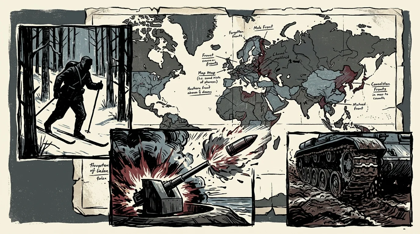 A graphic woodcut illustration showing a weathered world map overlaid with silhouettes of WWII soldiers and battle scenes.