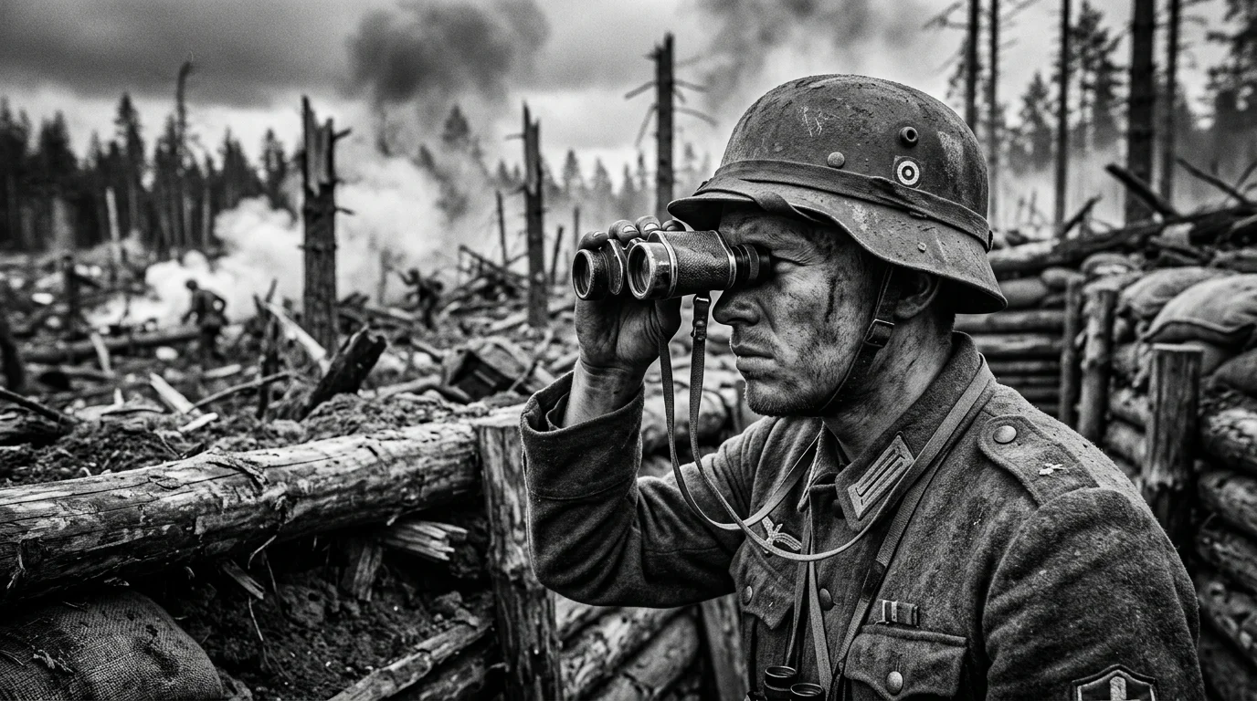 A gritty 35mm black-and-white photo of a Finnish artillery officer in a muddy trench looking through binoculars.