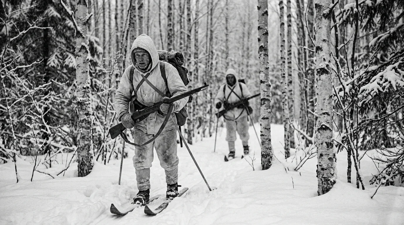 A gritty 35mm black-and-white photo of Finnish ski soldiers moving silently through a snow-covered birch forest.