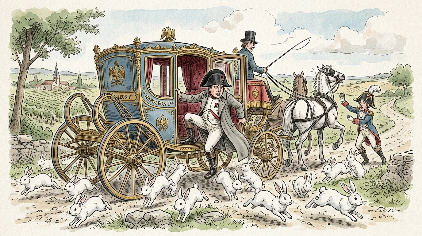 A humorous ink and watercolor illustration of Napoleon Bonaparte retreating onto a carriage, surrounded by a swarm of fluffy white rabbits.