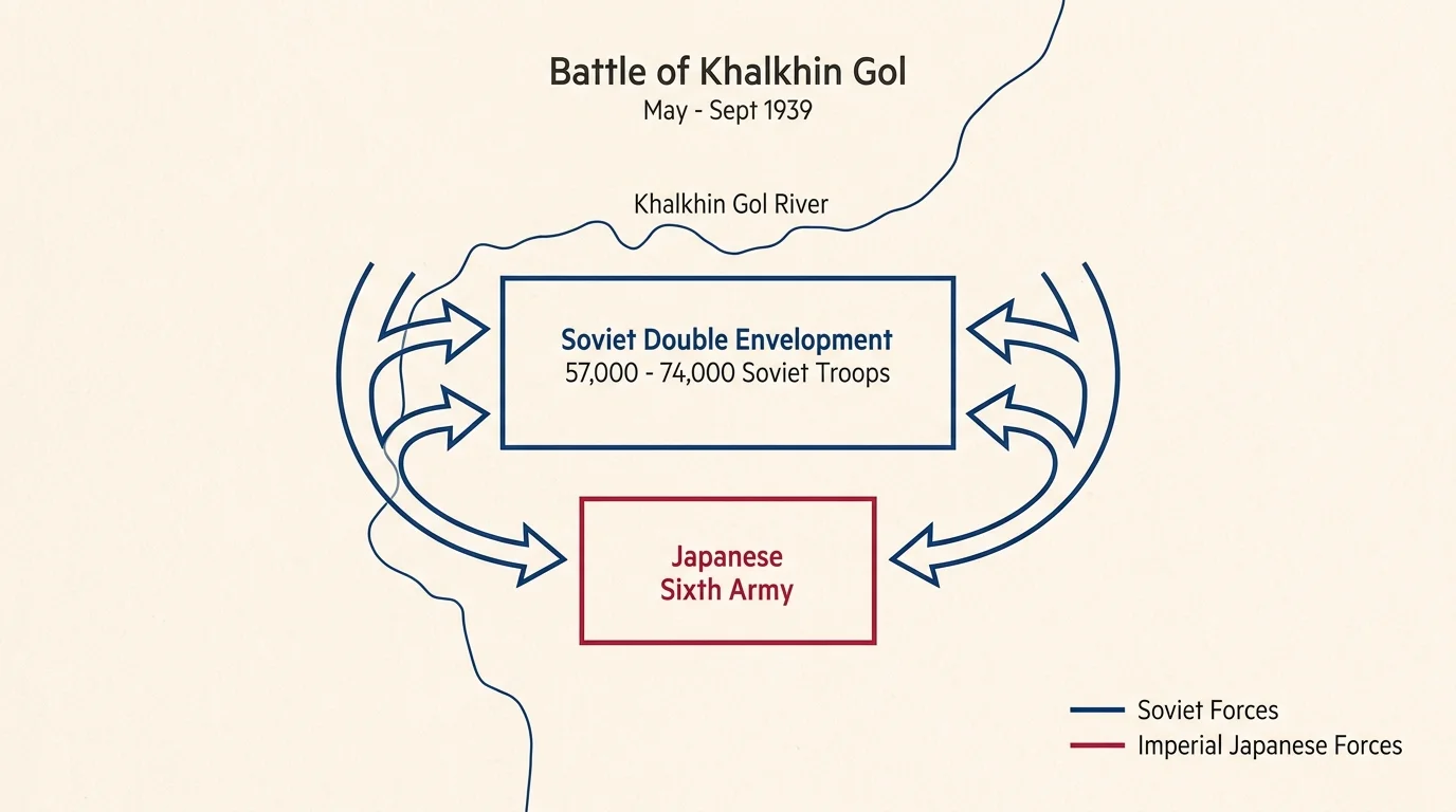 A minimalist tactical map diagram showing the Soviet double-envelopment maneuver at the Battle of Khalkhin Gol.