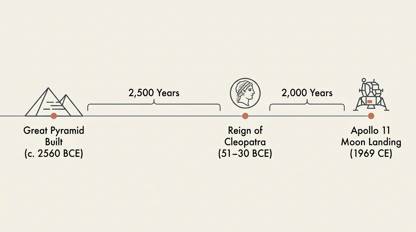 A minimalist timeline infographic showing that Cleopatra's life is chronologically closer to the 1969 moon landing than the building of the 