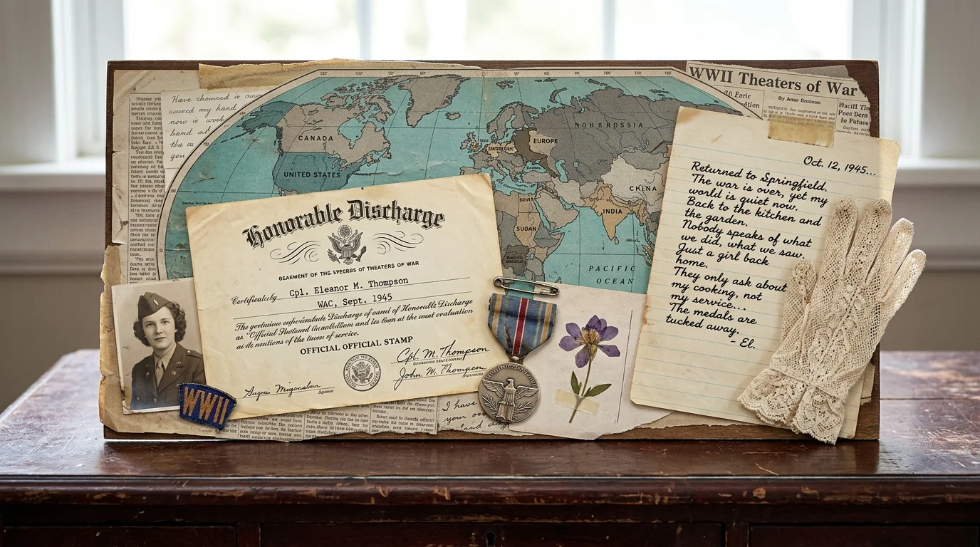 A nostalgic collage of an honorable discharge certificate, military medal, civilian lace gloves, and a handwritten letter on a wooden desk.