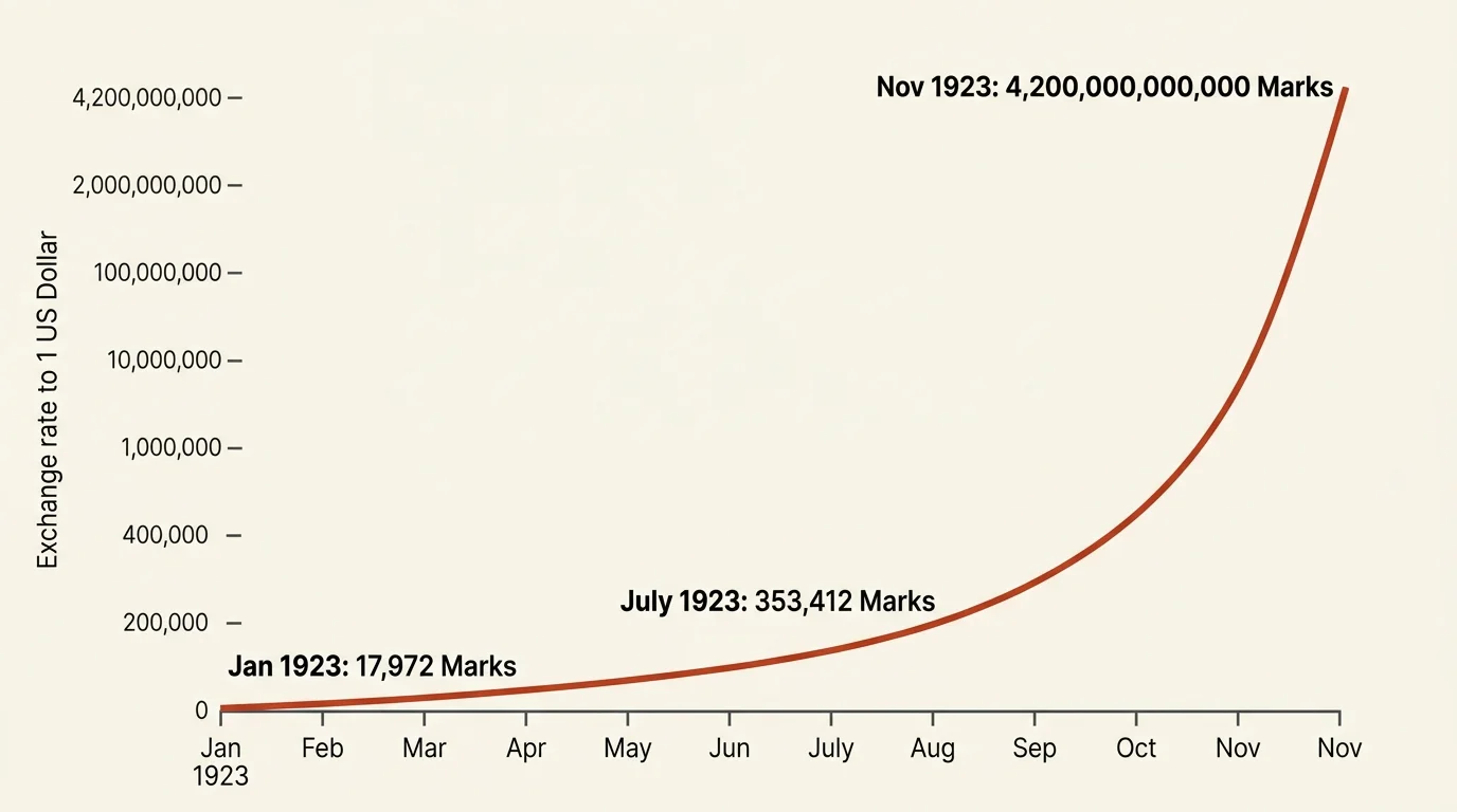 A sharp, minimalist line graph showing the exponential rise of the Weimar Mark against the US Dollar in 1923, peaking at 4.2 trillion marks.