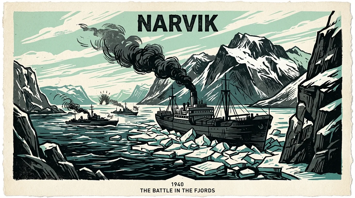 A stylized graphic linocut print of a dark iron ore transport ship trapped in the icy, steep-walled Norwegian fjords.