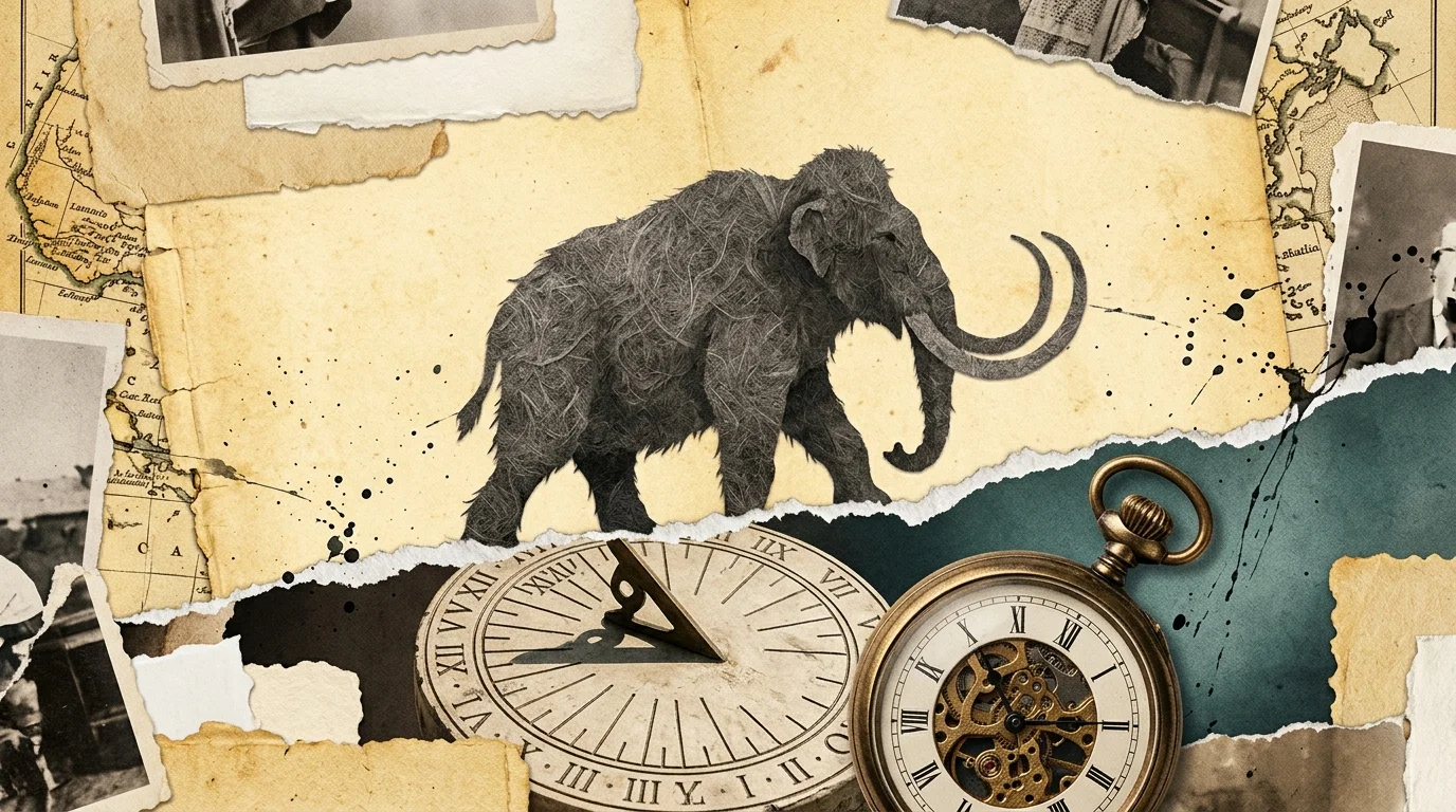 A surreal collage combining torn textures of ancient papyrus, a Roman sundial, a Victorian pocket watch, and a woolly mammoth silhouette.