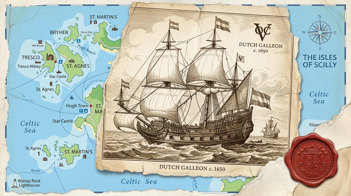 A textured paper collage combining a 17th-century Dutch galleon engraving with a colorful map of the Isles of Scilly.