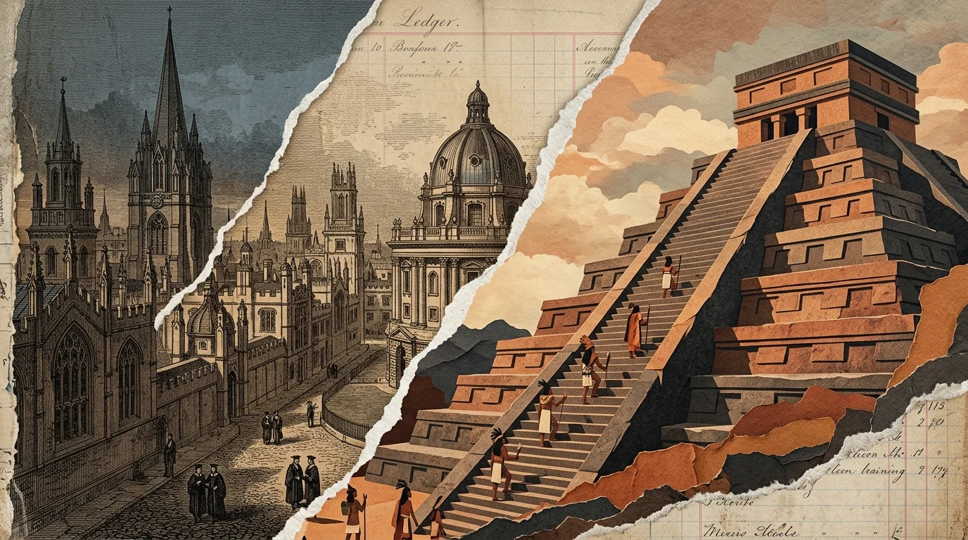 A textured paper collage contrasting the Gothic spires of Oxford University with the stone steps of an Aztec temple.
