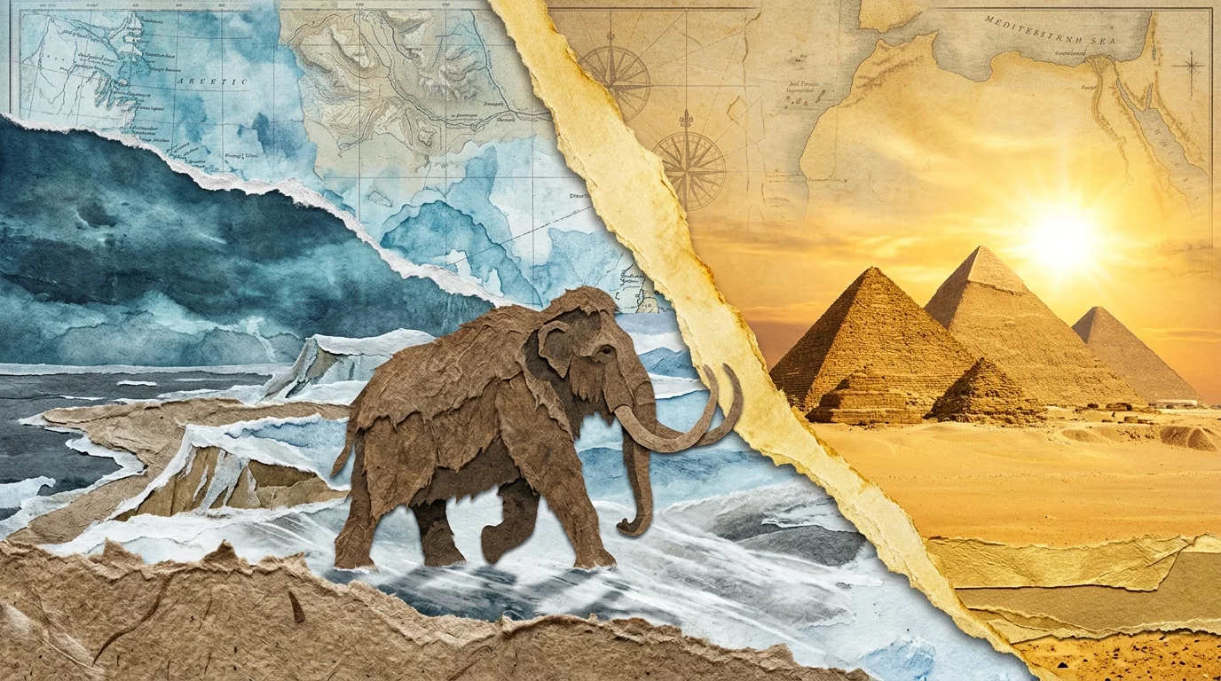 A textured paper-cut collage showing a woolly mammoth on Wrangel Island juxtaposed against the Giza Pyramids under a desert sun.