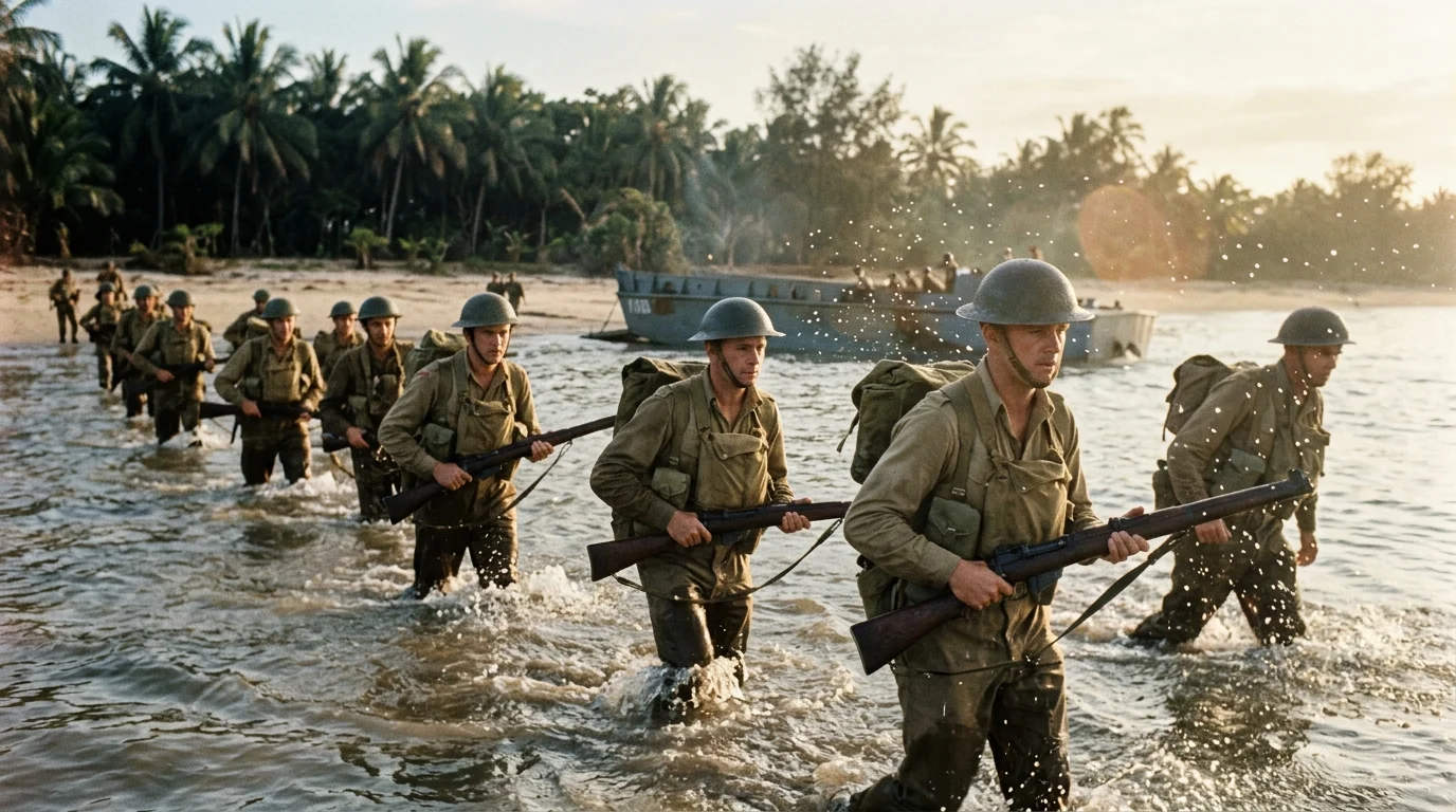 A warm 35mm photograph of British assault troops wading ashore on the tropical, palm-lined beach of Madagascar.