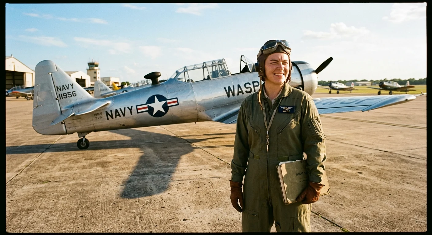 A WASP female pilot in a flight suit and leather helmet stands next to a silver vintage trainer aircraft on a sunny airfield.