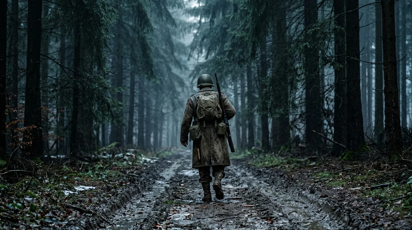 An atmospheric 35mm photograph of American soldier walking through the dark, foggy, and dense pine trees of Hürtgen Forest.